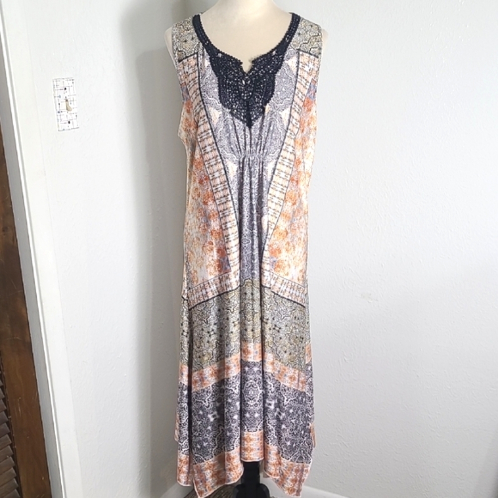 One World Bohemian Sleeveless Handkerchief Dress  Multicolor, Size Medium